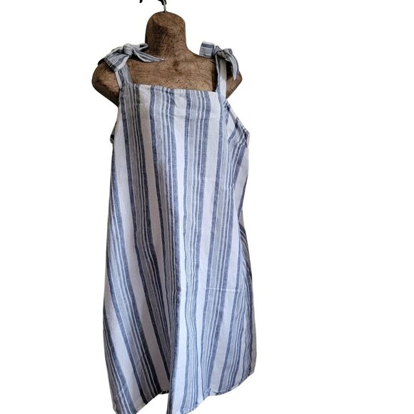 Striped Blue & White Linen Sleeveless Dress with  Straps - Picture 2 of 9